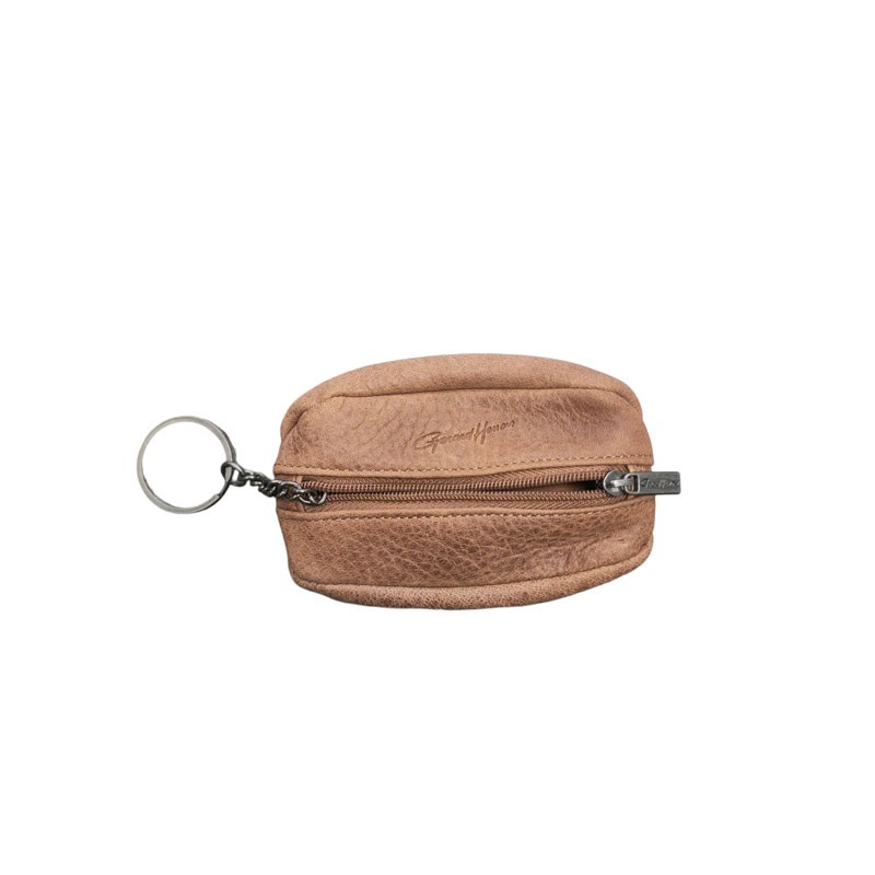 Porte monnaie en grain de café marron vue de face avec anneau pour clés