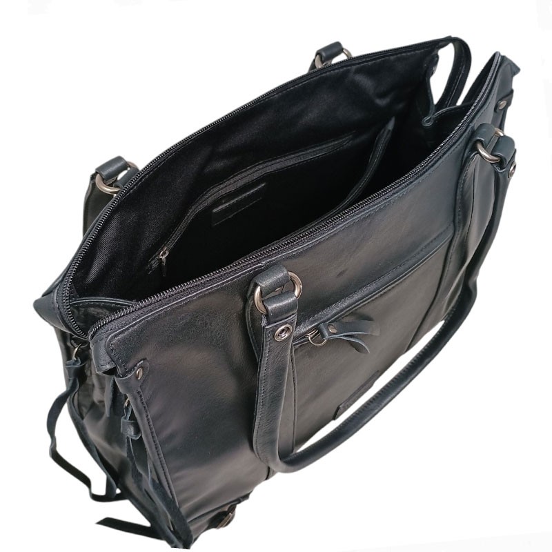 sac lycée A4 noir ouvert Mocca cuir
