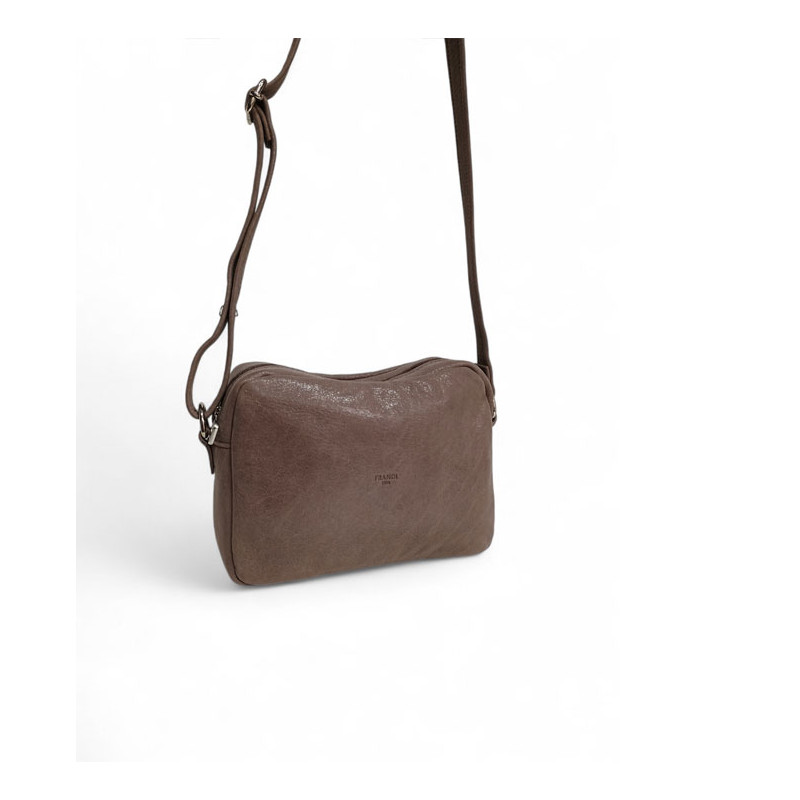 Sac travers cuir brillant made in france by FRANDI taupe vue face2